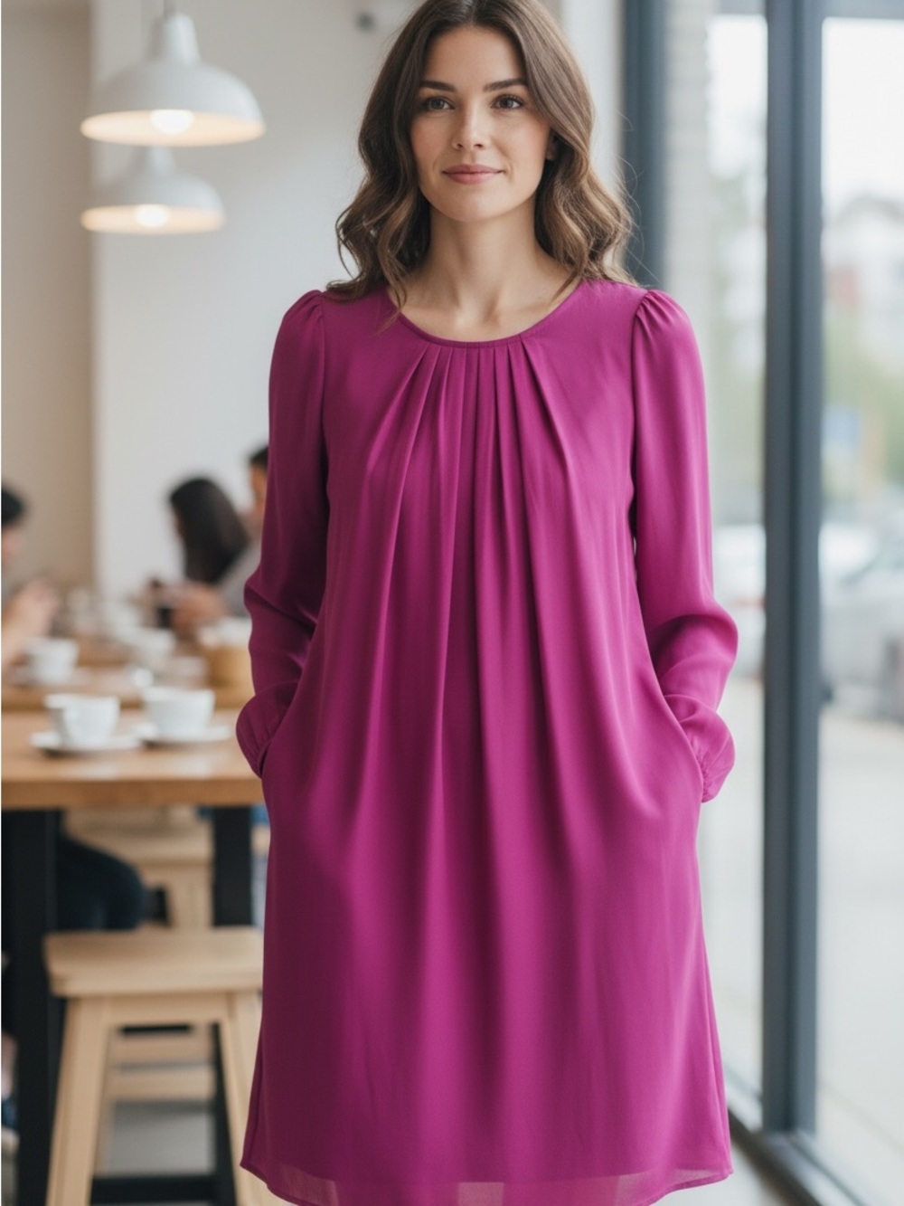 oiselle Pleated Shift Mini Dress in Magenta